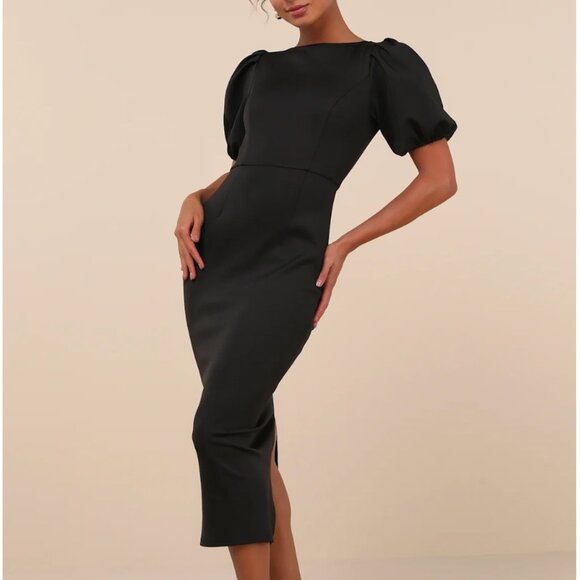 BRAND NEW XL HOLIDAY  Simply Beloved Black Puff Sleeve Bodycon Midi Dress - Picture 5 of 5